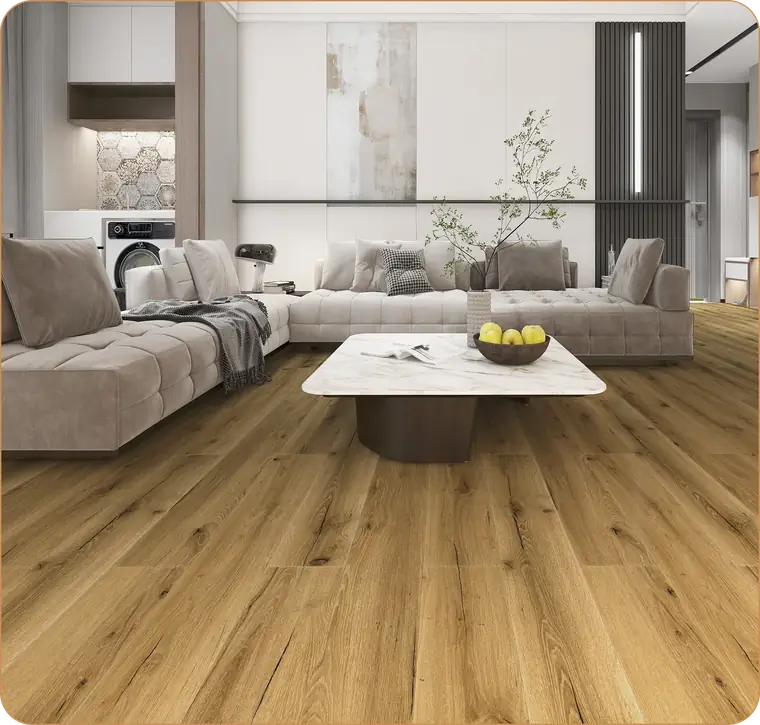 Heller Wohnraum mit Designboden in rustikaler Eiche